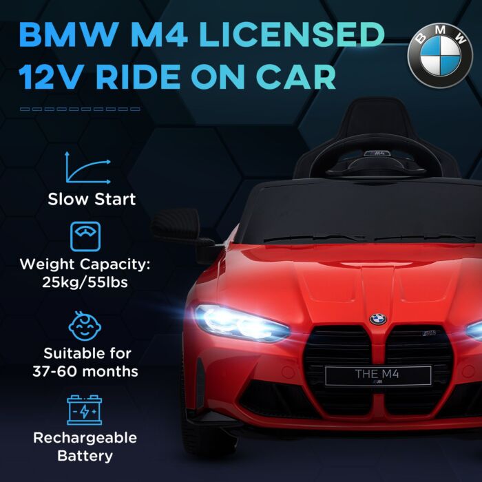 Aiyaplay 12v Bmw M4 Licensed Kids Car With Easy Transport, Remote Control, Suspension, Music, Horn, Led Lights - Red