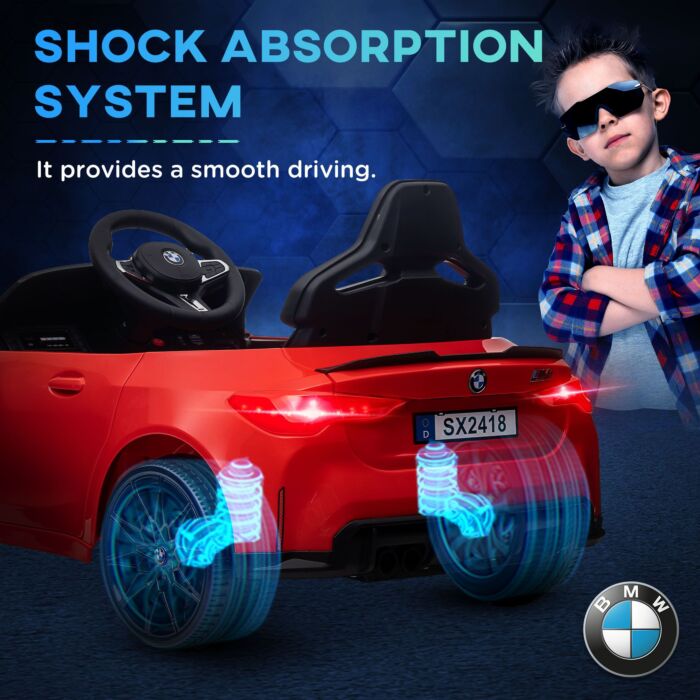 Aiyaplay 12v Bmw M4 Licensed Kids Car With Easy Transport, Remote Control, Suspension, Music, Horn, Led Lights - Red