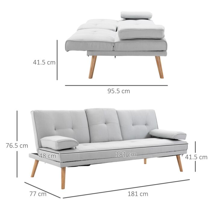 Homcom 3 Seater Sofa Bed Scandinavian Style Recliner Thick Cushions Adjustable Split Back Middle Table With Armrest Cup Holder, 72h X 181w