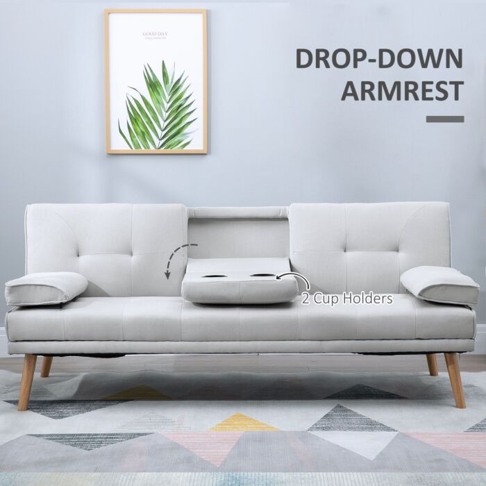 Homcom 3 Seater Sofa Bed Scandinavian Style Recliner Thick Cushions Adjustable Split Back Middle Table With Armrest Cup Holder, 72h X 181w
