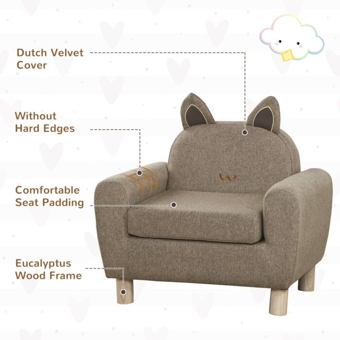 Homcom Kids Sofa Toddler Chair Children Armchair For Preschool Bedroom Playroom With Ear Modeling Wood Brown