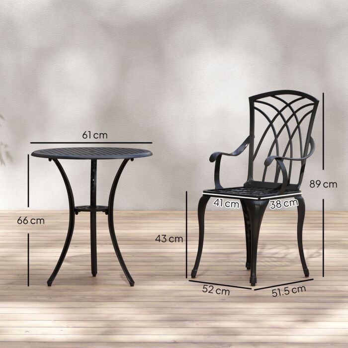 Outsunny Patio Cast Aluminium 3 Pcs Bistro Set Coffee Table & 2 Chairs Set Outdoor Garden Furniture Set