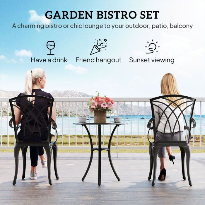 Outsunny Patio Cast Aluminium 3 Pcs Bistro Set Coffee Table & 2 Chairs Set Outdoor Garden Furniture Set