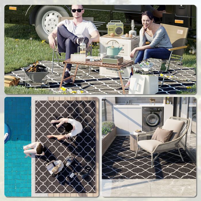 Outsunny Reversible Outdoor Rug, Plastic Straw Mat W/ Carry Bag Ground Stakes For Garden Rv Picnic Beach Camping 182x274cm Black