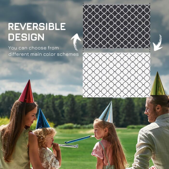 Outsunny Reversible Outdoor Rug, Plastic Straw Mat W/ Carry Bag Ground Stakes For Garden Rv Picnic Beach Camping 182x274cm Black