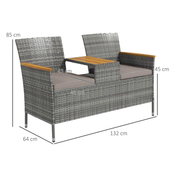 Outsunny Two-seat Rattan Loveseat, With Wood-top Middle Table - Grey