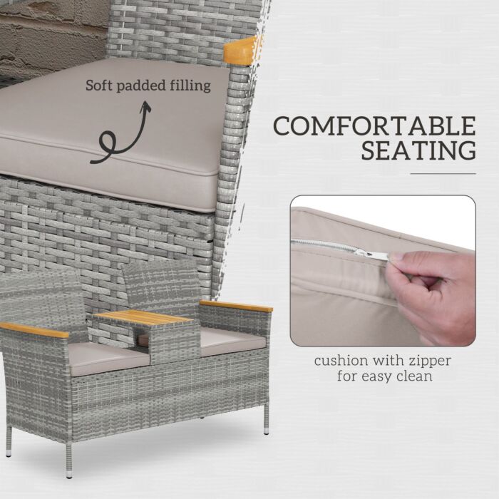Outsunny Two-seat Rattan Loveseat, With Wood-top Middle Table - Grey