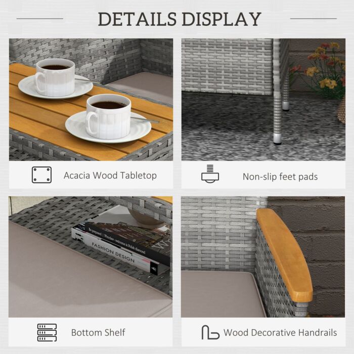 Outsunny Two-seat Rattan Loveseat, With Wood-top Middle Table - Grey