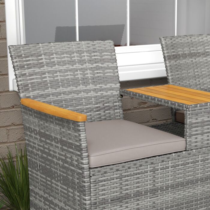 Outsunny Two-seat Rattan Loveseat, With Wood-top Middle Table - Grey