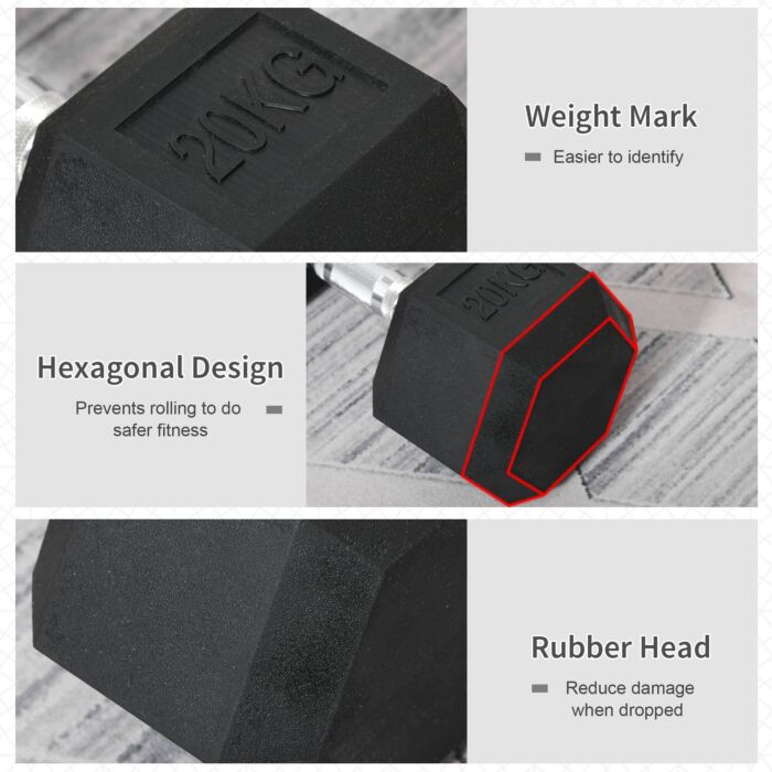 Homcom 20kg Single Rubber Hex Dumbbell Portable Hand Weights Dumbbell Home Gym Workout Fitness Hand Dumbbell