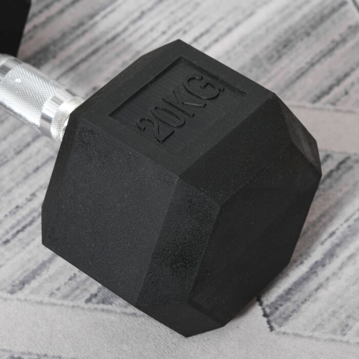 Homcom 20kg Single Rubber Hex Dumbbell Portable Hand Weights Dumbbell Home Gym Workout Fitness Hand Dumbbell
