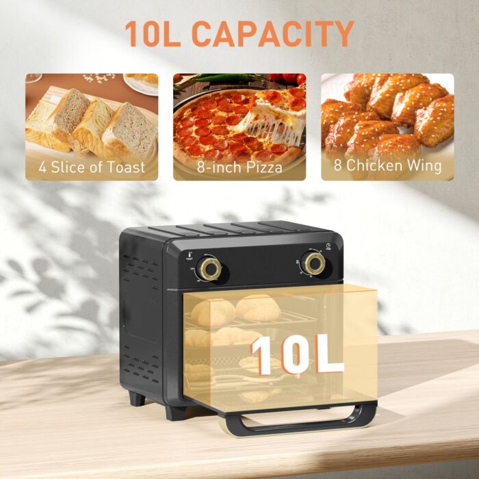 Homcom 10l Air Fryer Oven, Mini Oven, Oil Free Cooking, Grill, Roast, Bake, With Adjustable Temperature, Timer, Touch Screen, Dishwasher Safe, 1000w, Black