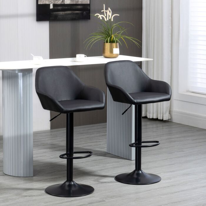 Homcom Adjustable Bar Stools Set Of 2, Swivel Barstools With Footrest And Backrest, Pu Leather And Steel Base, Black