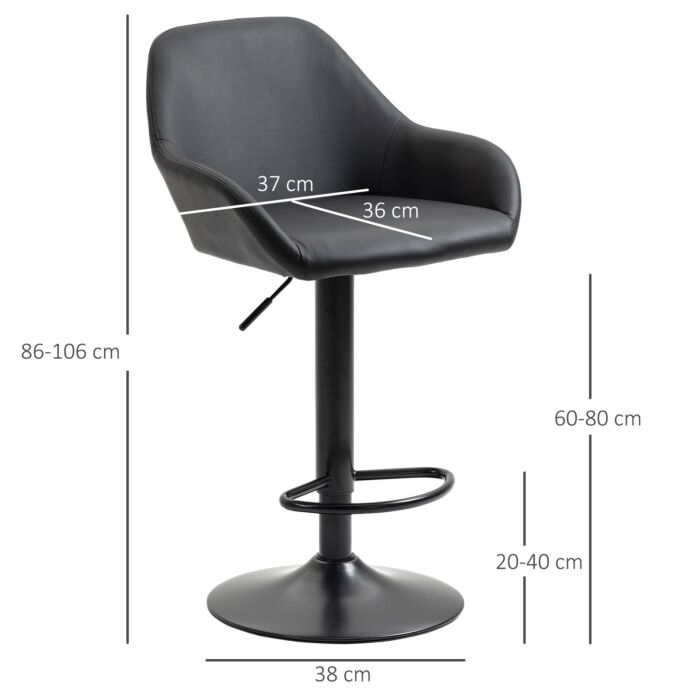 Homcom Adjustable Bar Stools Set Of 2, Swivel Barstools With Footrest And Backrest, Pu Leather And Steel Base, Black