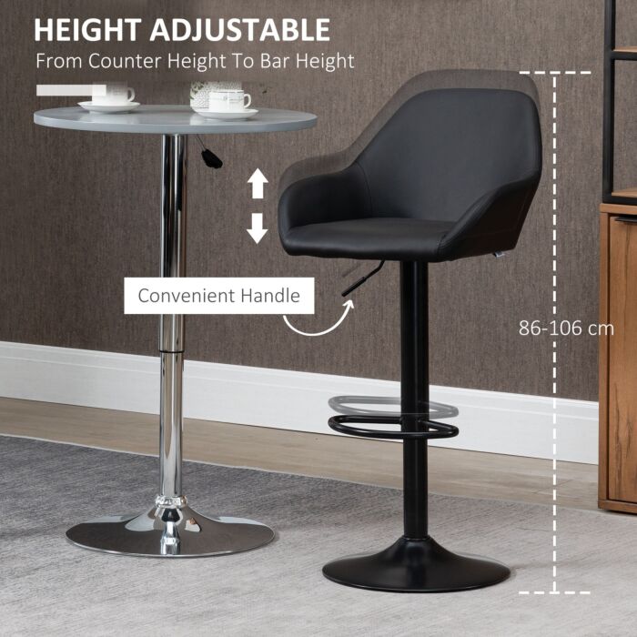 Homcom Adjustable Bar Stools Set Of 2, Swivel Barstools With Footrest And Backrest, Pu Leather And Steel Base, Black