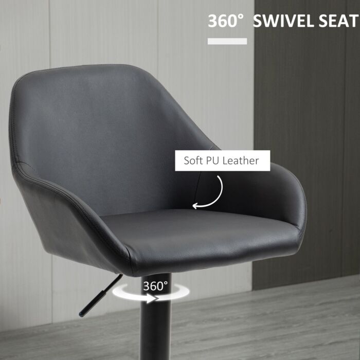 Homcom Adjustable Bar Stools Set Of 2, Swivel Barstools With Footrest And Backrest, Pu Leather And Steel Base, Black