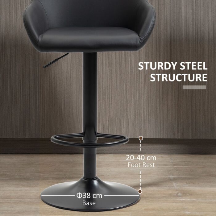 Homcom Adjustable Bar Stools Set Of 2, Swivel Barstools With Footrest And Backrest, Pu Leather And Steel Base, Black