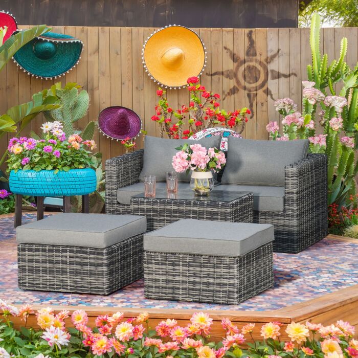 Outsunny 2 Seater Rattan Garden Furniture Set W/ Tall Glass-top Table Aluminium Frame Balcony Sofa, Mixed Grey