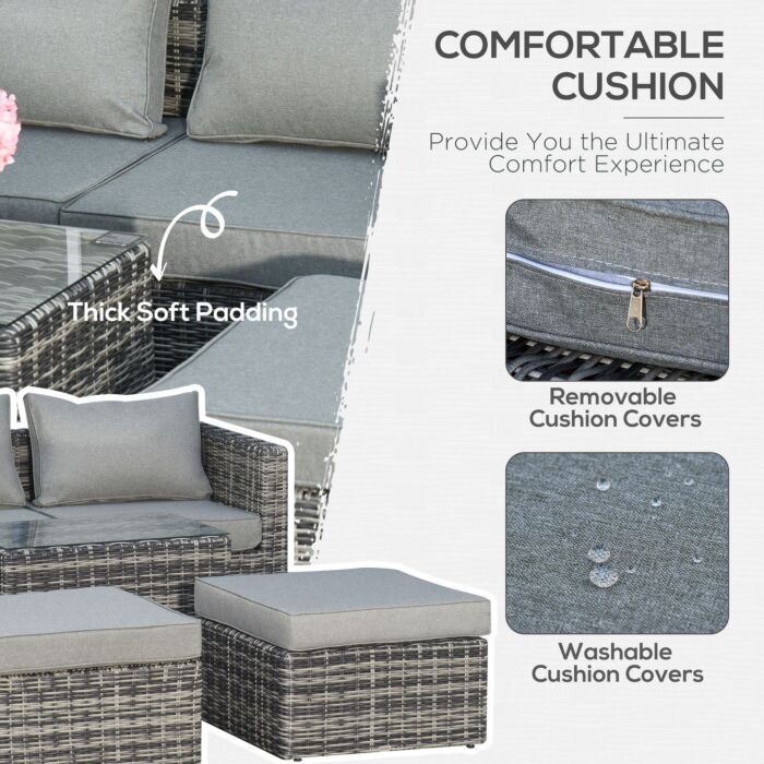 Outsunny 2 Seater Rattan Garden Furniture Set W/ Tall Glass-top Table Aluminium Frame Balcony Sofa, Mixed Grey