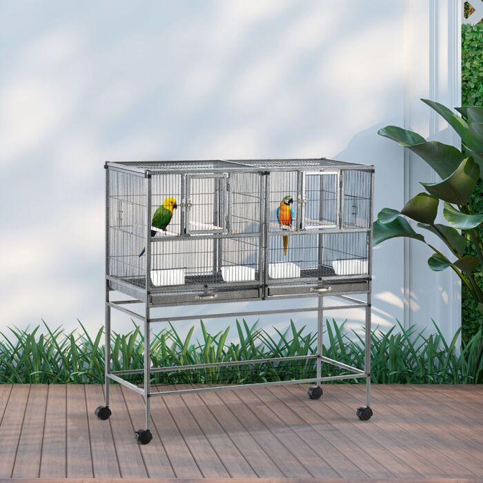 Pawhut Double Rolling Metal Bird Cage Parrot Cage With Removable Metal Tray, Storage Shelf, Wood Perch, And Food Container