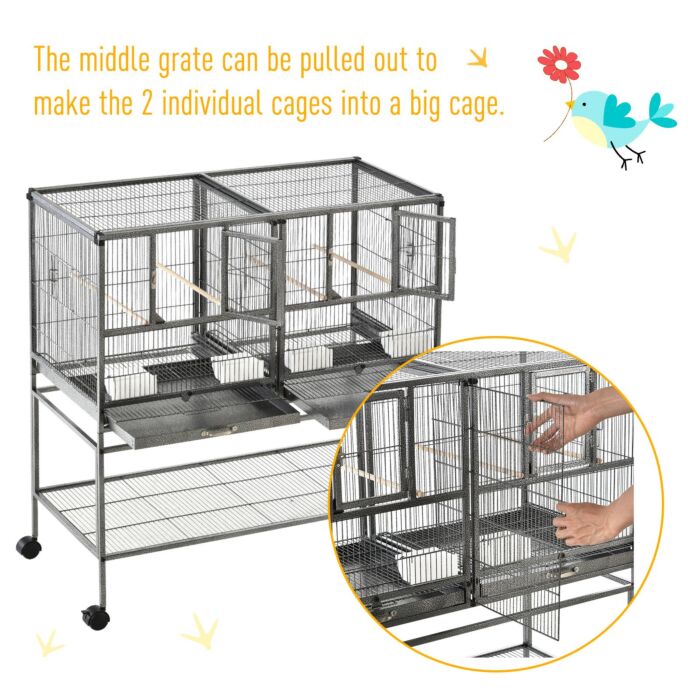 Pawhut Double Rolling Metal Bird Cage Parrot Cage With Removable Metal Tray, Storage Shelf, Wood Perch, And Food Container