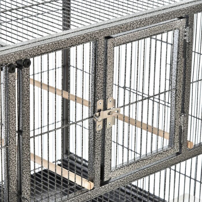 Pawhut Double Rolling Metal Bird Cage Parrot Cage With Removable Metal Tray, Storage Shelf, Wood Perch, And Food Container