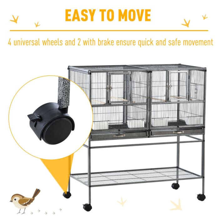 Pawhut Double Rolling Metal Bird Cage Parrot Cage With Removable Metal Tray, Storage Shelf, Wood Perch, And Food Container