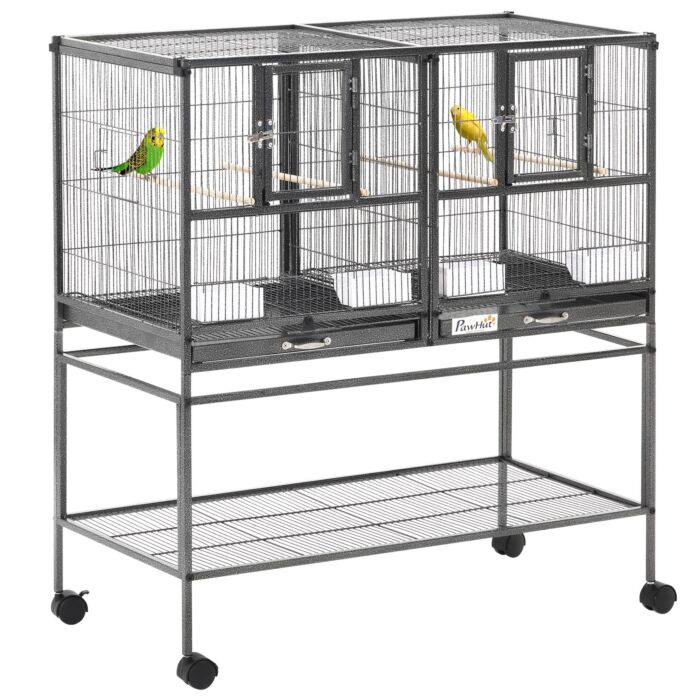 Pawhut Double Rolling Metal Bird Cage Parrot Cage With Removable Metal Tray, Storage Shelf, Wood Perch, And Food Container