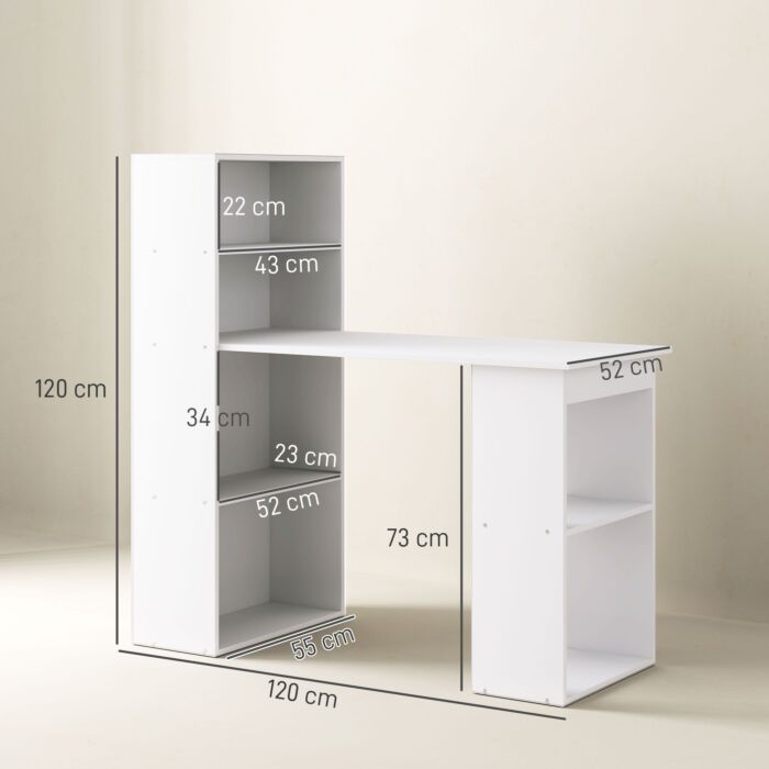 Homcom 120cm Modern Computer Desk Bookshelf Writing Table Workstation Pc Laptop Study Home Office 6 Shelves White