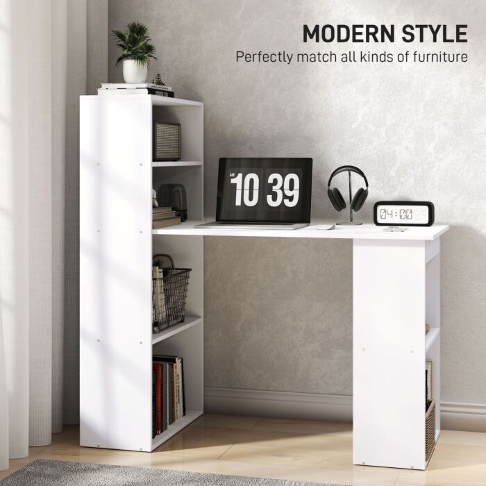 Homcom 120cm Modern Computer Desk Bookshelf Writing Table Workstation Pc Laptop Study Home Office 6 Shelves White