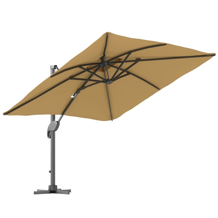 Outsunny Garden Parasol, 3(m) Cantilever Parasol With Hydraulic Mechanism, Dual Vented Top, 8 Ribs, Cross Base, Khaki