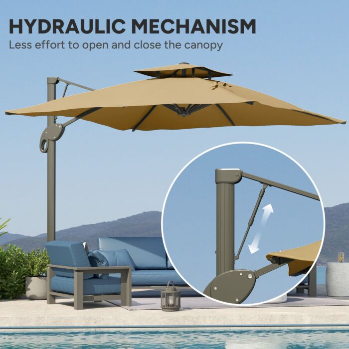 Outsunny Garden Parasol, 3(m) Cantilever Parasol With Hydraulic Mechanism, Dual Vented Top, 8 Ribs, Cross Base, Khaki