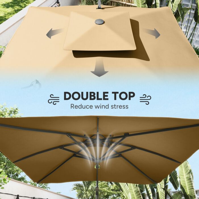 Outsunny Garden Parasol, 3(m) Cantilever Parasol With Hydraulic Mechanism, Dual Vented Top, 8 Ribs, Cross Base, Khaki