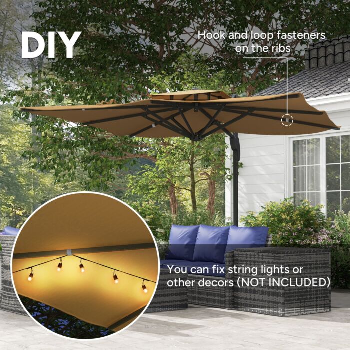 Outsunny Garden Parasol, 3(m) Cantilever Parasol With Hydraulic Mechanism, Dual Vented Top, 8 Ribs, Cross Base, Khaki