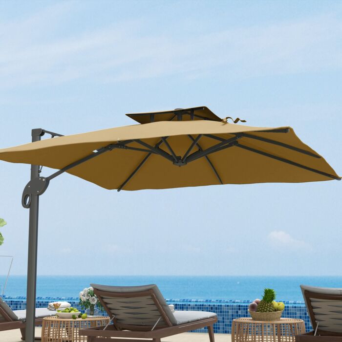 Outsunny Garden Parasol, 3(m) Cantilever Parasol With Hydraulic Mechanism, Dual Vented Top, 8 Ribs, Cross Base, Khaki