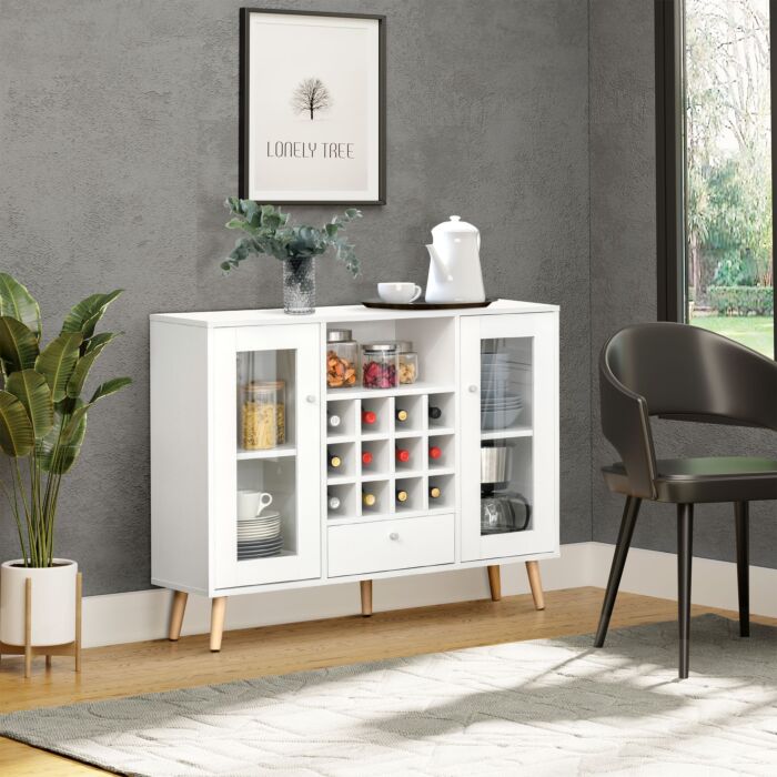 Homcom Modern Sideboard Storage Cabinet Kitchen Cupboard Dining Bar Server With Glass Doors, Drawer & 12-bottle Wine Rack, White