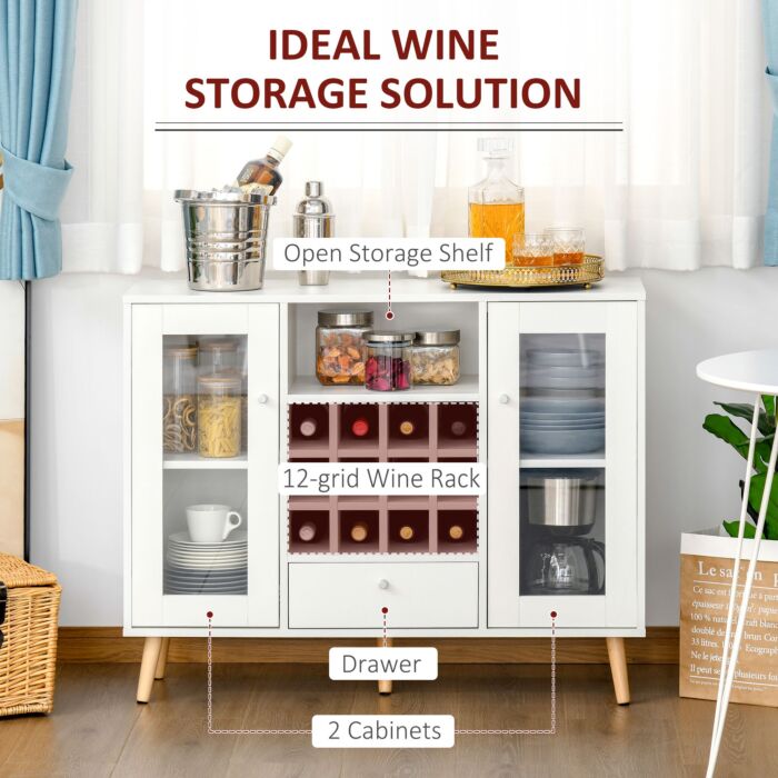 Homcom Modern Sideboard Storage Cabinet Kitchen Cupboard Dining Bar Server With Glass Doors, Drawer & 12-bottle Wine Rack, White