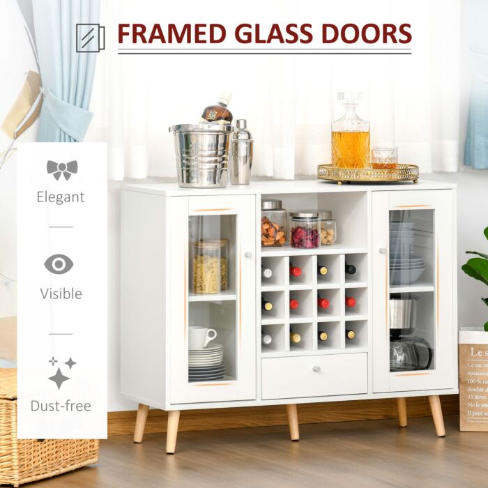 Homcom Modern Sideboard Storage Cabinet Kitchen Cupboard Dining Bar Server With Glass Doors, Drawer & 12-bottle Wine Rack, White