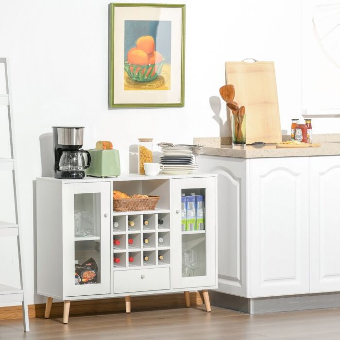 Homcom Modern Sideboard Storage Cabinet Kitchen Cupboard Dining Bar Server With Glass Doors, Drawer & 12-bottle Wine Rack, White