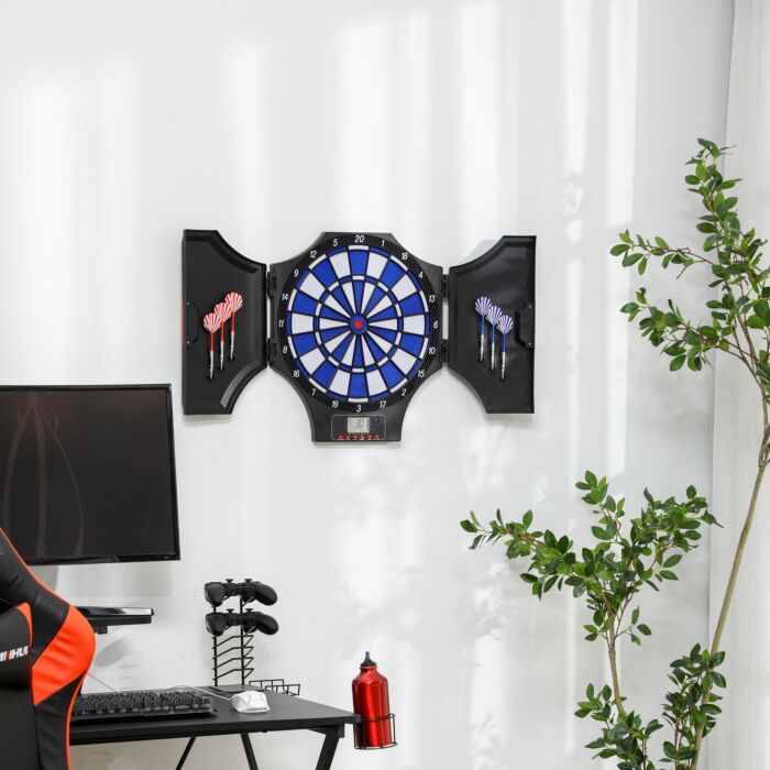 Sportnow Electronic Dartboard Set With 31 Games For 8 Players, Dart Board Set W/cabinet, 6 Soft Tip Darts, 6 Spare Tips, Lcd Scoring Indicator