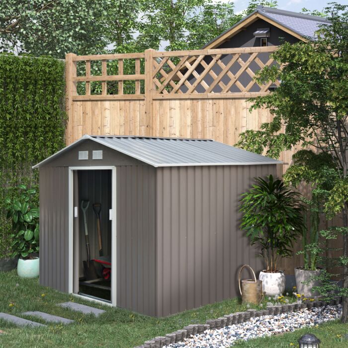 Outsunny 9 X 6 Ft Metal Garden Storage Shed Sloped Roof Tool House With Foundation Ventilation & Double Door, Grey
