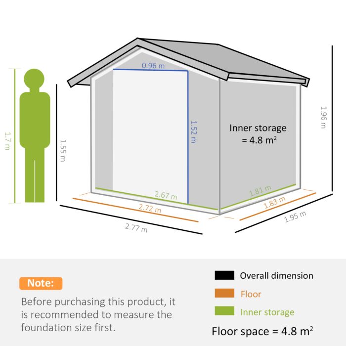 Outsunny 9 X 6 Ft Metal Garden Storage Shed Sloped Roof Tool House With Foundation Ventilation & Double Door, Grey