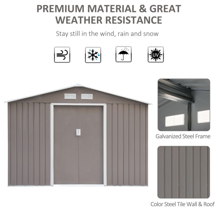 Outsunny 9 X 6 Ft Metal Garden Storage Shed Sloped Roof Tool House With Foundation Ventilation & Double Door, Grey