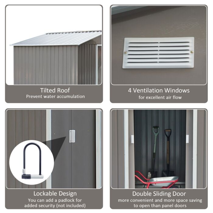 Outsunny 9 X 6 Ft Metal Garden Storage Shed Sloped Roof Tool House With Foundation Ventilation & Double Door, Grey