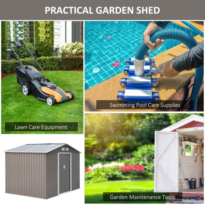 Outsunny 9 X 6 Ft Metal Garden Storage Shed Sloped Roof Tool House With Foundation Ventilation & Double Door, Grey