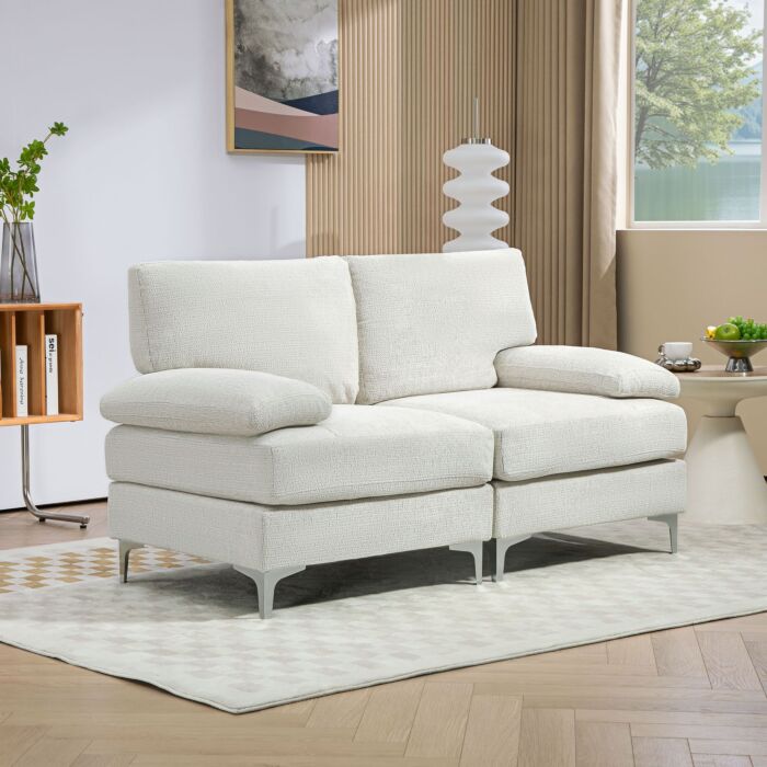 Homcom 2 Seater Sofa, Modern Fabric Loveseat With Spring Cushion And Metal Legs, Small Couch, Cream White