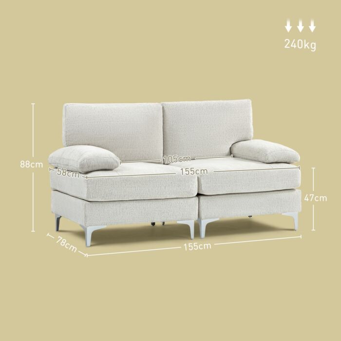 Homcom 2 Seater Sofa, Modern Fabric Loveseat With Spring Cushion And Metal Legs, Small Couch, Cream White