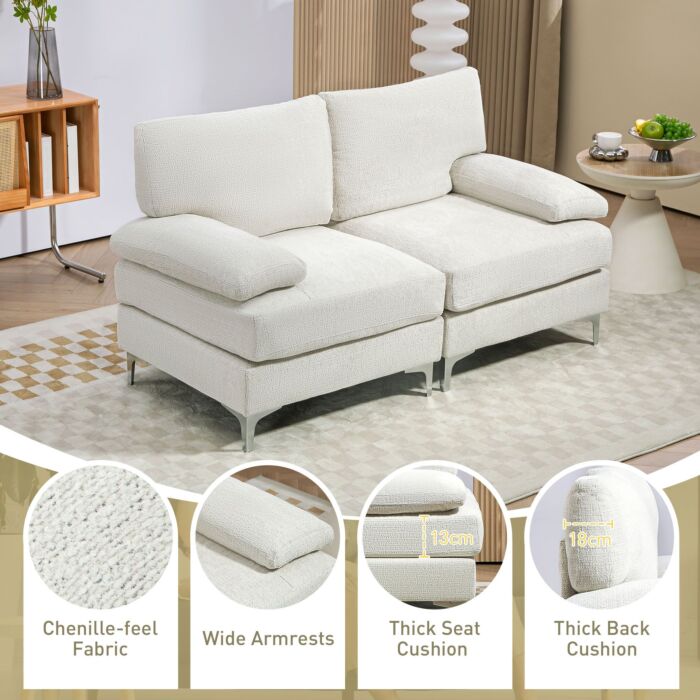 Homcom 2 Seater Sofa, Modern Fabric Loveseat With Spring Cushion And Metal Legs, Small Couch, Cream White