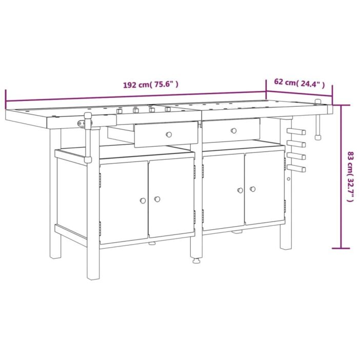 Vidaxl Workbench With Drawers And Vices 192x62x83 Cm Solid Wood Acacia