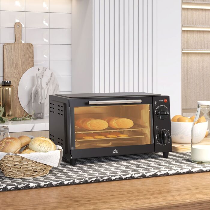 Homcom Convection Mini Oven, 9l Countertop Electric Grill, Toaster Oven With Adjustable Temperature, Timer, Baking Tray And Wire Rack, 750w
